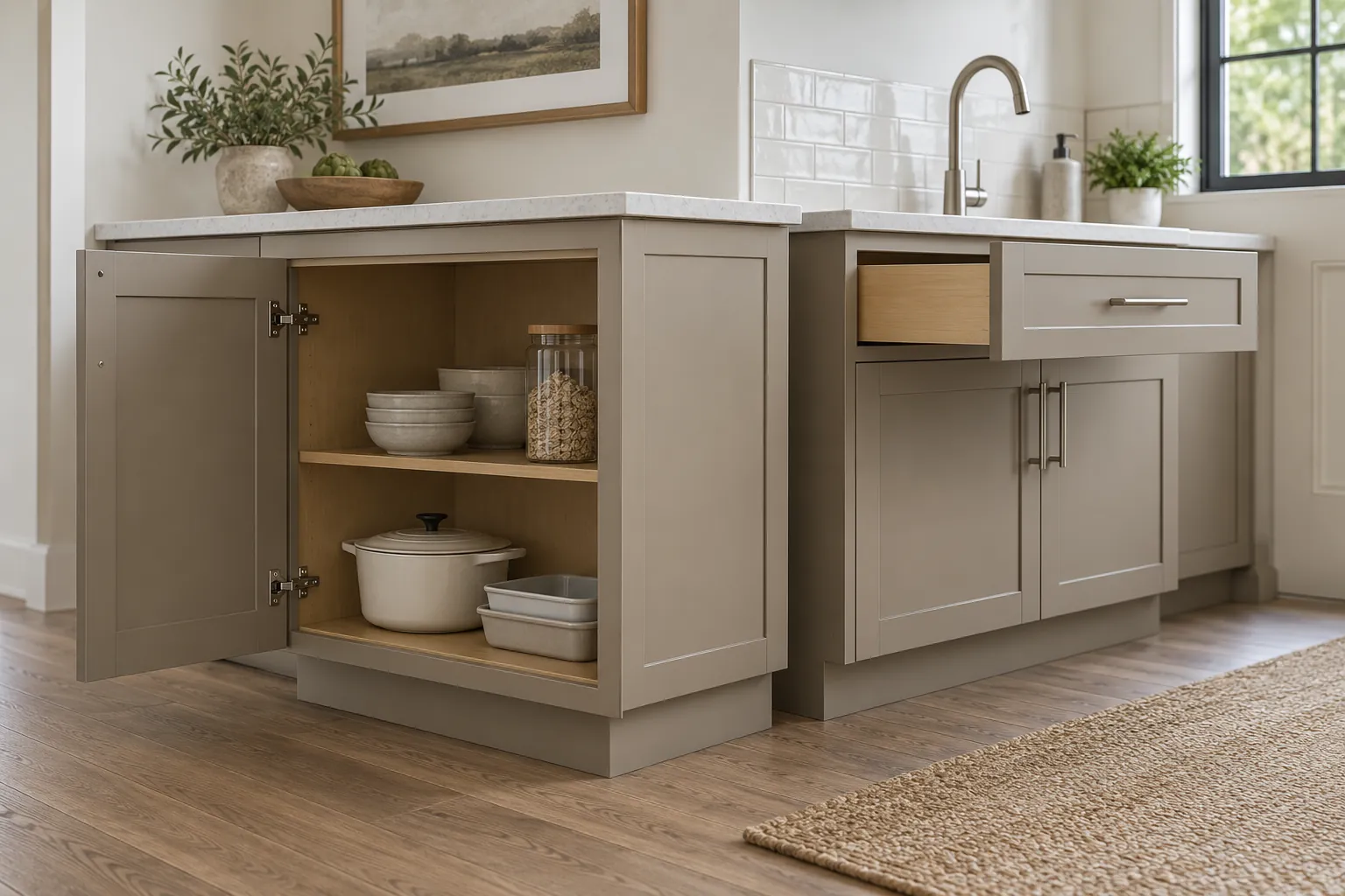 Taupe cabinet island with an open shelf, drawers and a pale counter