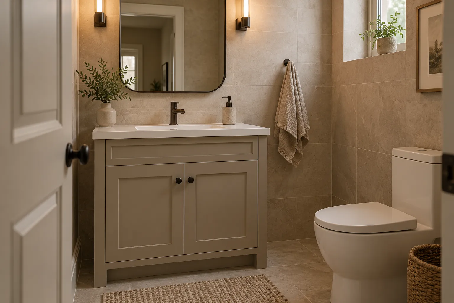 Taupe bathroom vanity with paneled fronts beside a freestanding bath